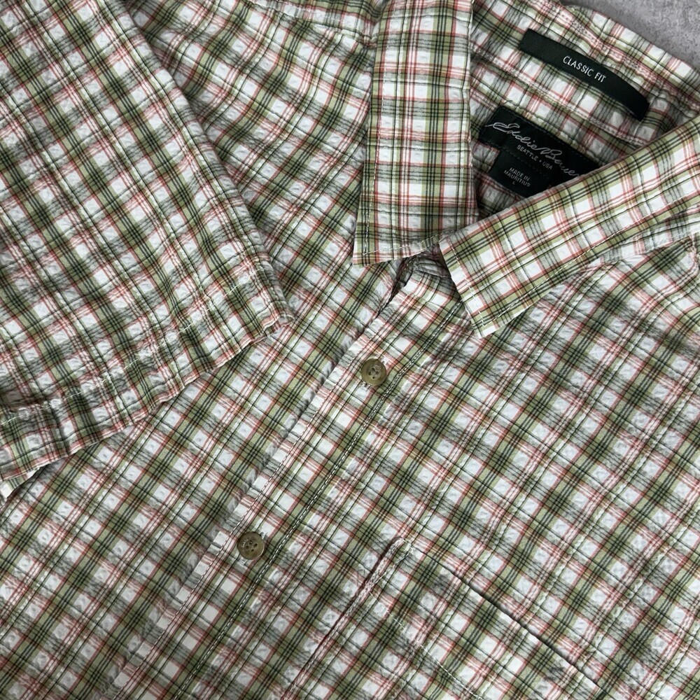 Eddie Bauer Mens Classic Fit Shirt Button Plaid Green Orange Seersucker Preppy L